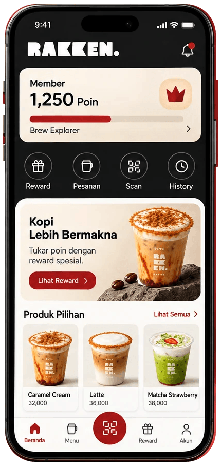 Pratinjau beranda RAKKEN Member dengan saldo poin dan reward