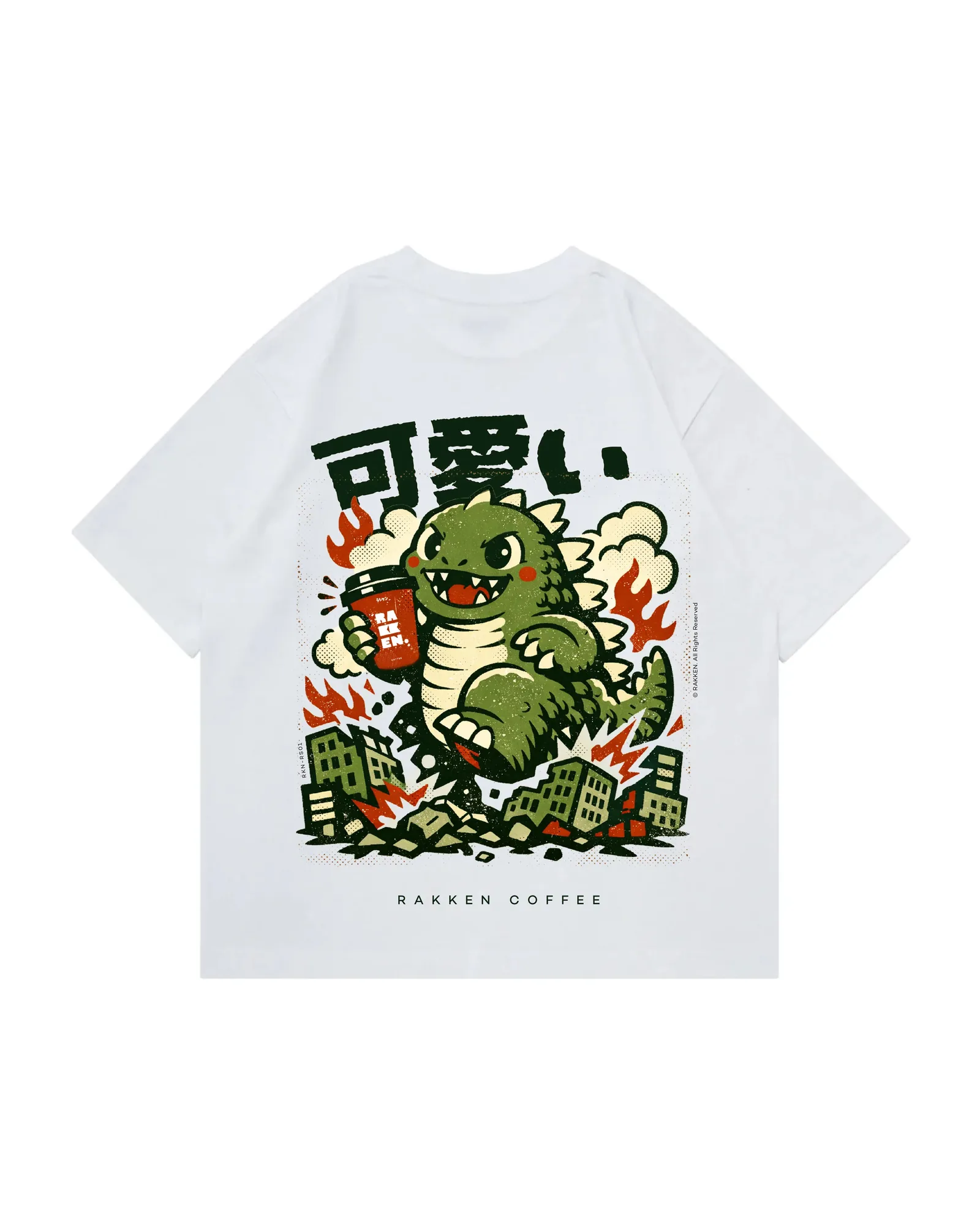 Kaos putih RAKKEN dengan grafis Godzilla hijau di bagian belakang