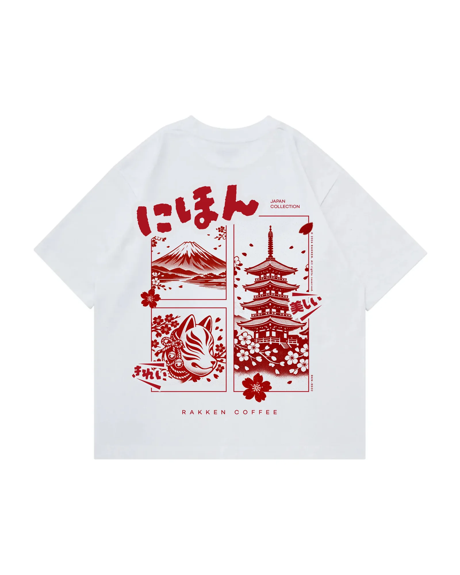 Kaos putih RAKKEN Japan Collection dengan grafis Gunung Fuji, kuil, dan kitsune merah di bagian belakang